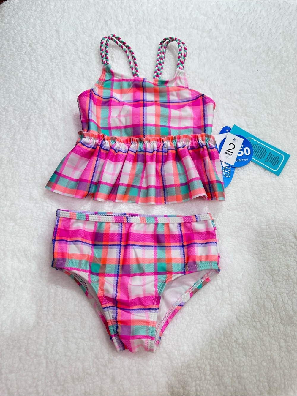 Girls Pink Plaid Tankini Swim Set
